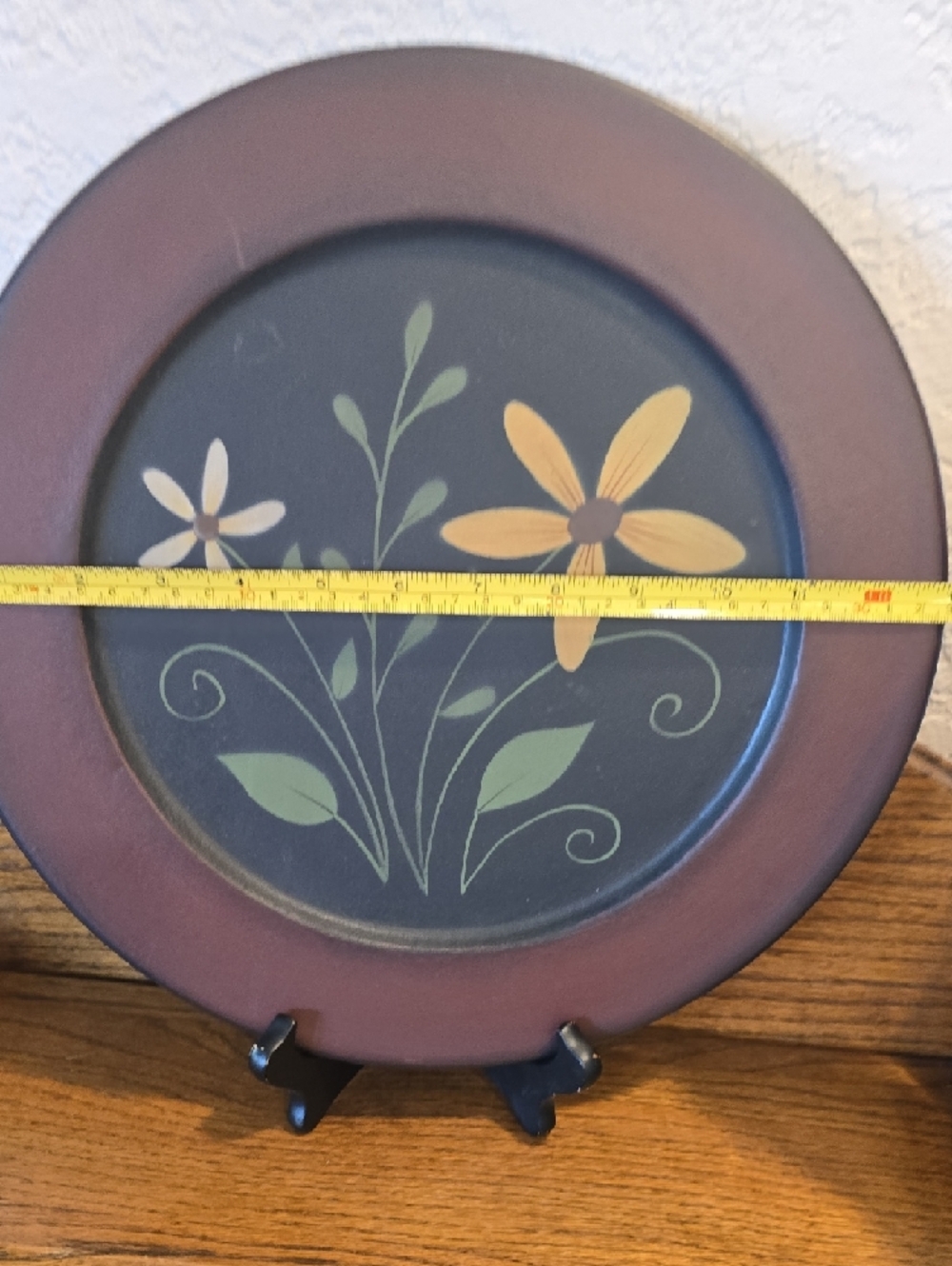 Wooden Folk Art Decorative Floral Accent Plate in Black and Brown - Picture 5 of 7